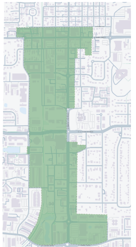 Map of Carmel's DORA boundaries, shaded in green along Range Line Road and Main Street